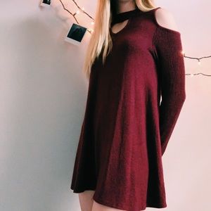 Burgundy Cold Shoulder Shift Sweater Dress